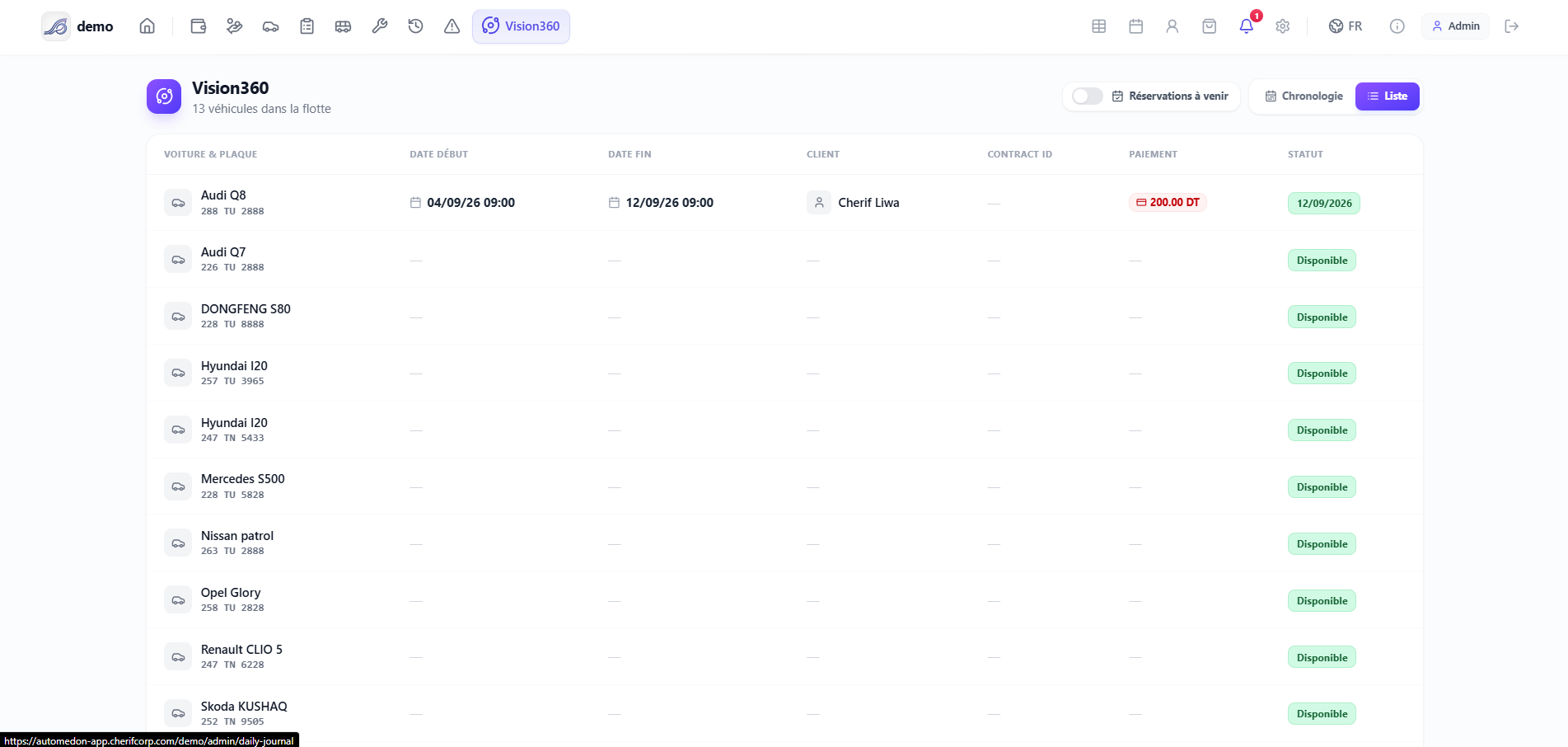 Automedon — Vision 360 : planning et statut de toute la flotte